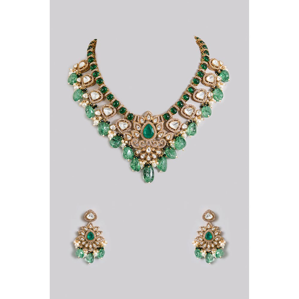 Auraa Trends Royal Emerald Green Kundan Necklace and Earring Set