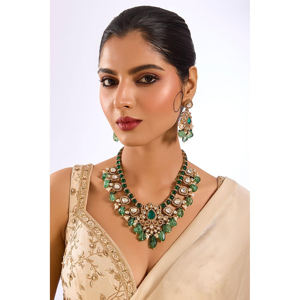 Auraa Trends Royal Emerald Green Kundan Necklace and Earring Set