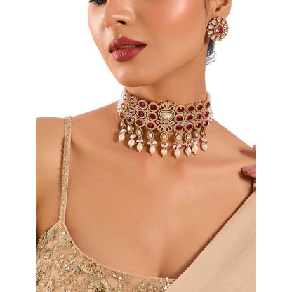 Auraa Trends Regal Ruby and White Kundan Choker Necklace Set with Earrings