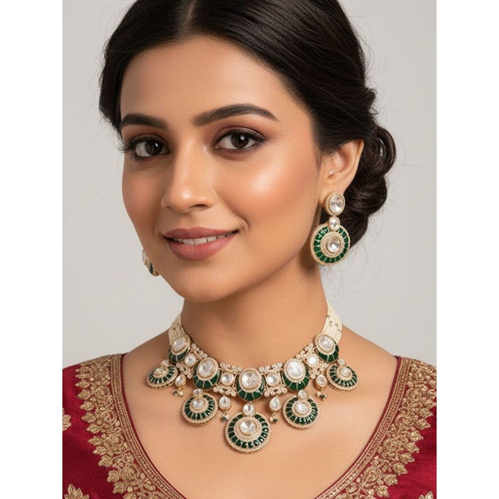 Auraa Trends Green Kundan Choker Necklace With White Stones and Earrings Jewellery Set