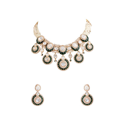 Auraa Trends Green Kundan Choker Necklace With White Stones and Earrings Jewellery Set
