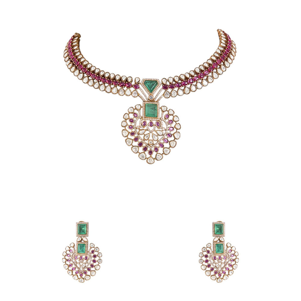 Auraa Trends Gold Finish Kundan Polki Necklace With Earrings Jewellery Set With Ruby Stones
