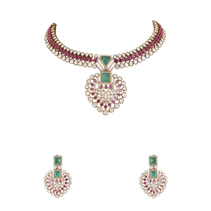 Auraa Trends Gold Finish Kundan Polki Necklace With Earrings Jewellery Set With Ruby Stones
