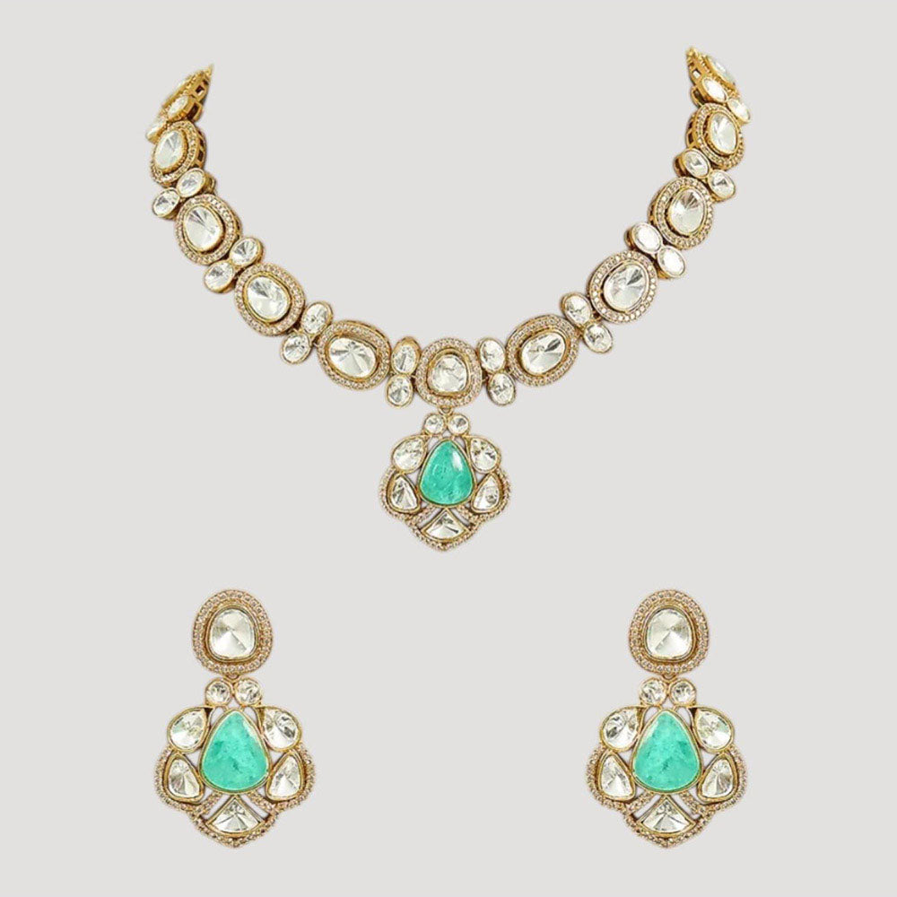 Auraa Trends Gold-Plated Kundan and Green Stone Necklace Set