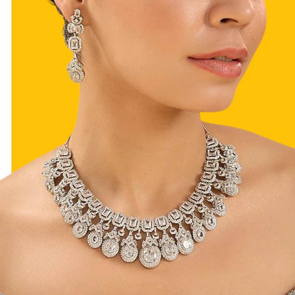 Auraa Trends Luxury Silver-Plated American Diamonds Bridal Necklace Set