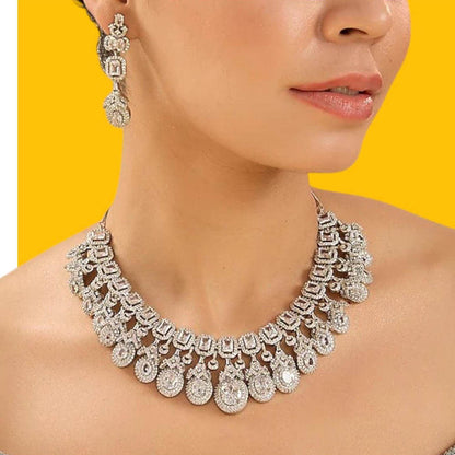 Auraa Trends Luxury Silver-Plated American Diamonds Bridal Necklace Set