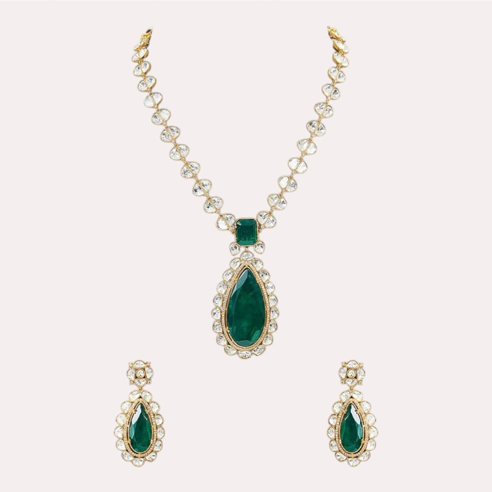 Auraa Trends Gold-Plated Emerald Green Stone Studded Necklace Set
