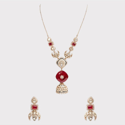 Auraa Trends Designer Ruby Red Stone Long Pendant Necklace Set