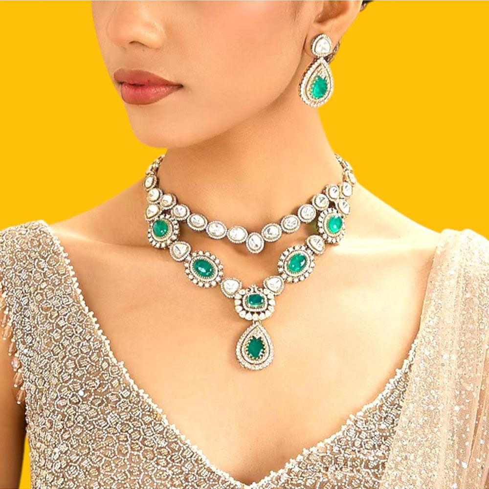 Auraa Trends Elegant Green Kundan Layered Jewellery Set