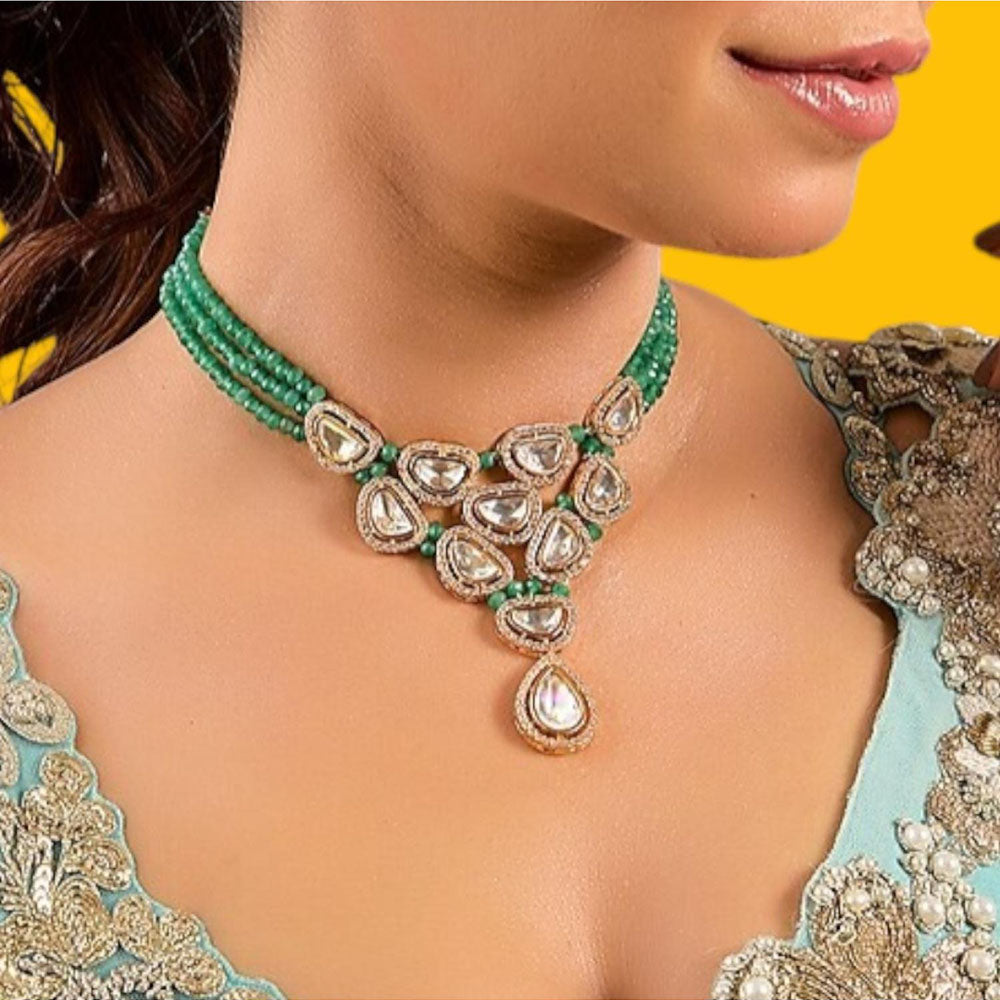 Auraa Trends Green Beaded Kundan Necklace Set
