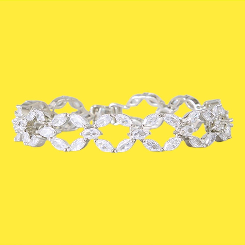 Auraa Trends Elegant Silver-Toned Cubic Zirconia Leaf Design Bracelet