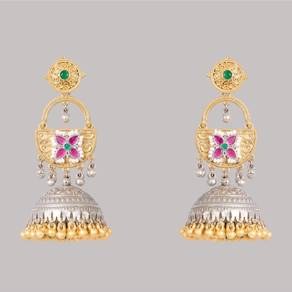 Auraa Trends Gold and Silver-Plated Traditional Jhumka Earrings