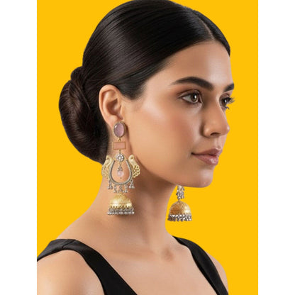 Auraa Trends Gold-Tone Dual Peacock Pink Stone Jhumka Earrings