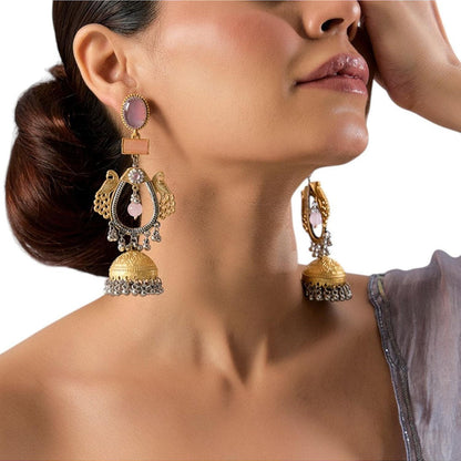 Auraa Trends Gold-Tone Dual Peacock Pink Stone Jhumka Earrings
