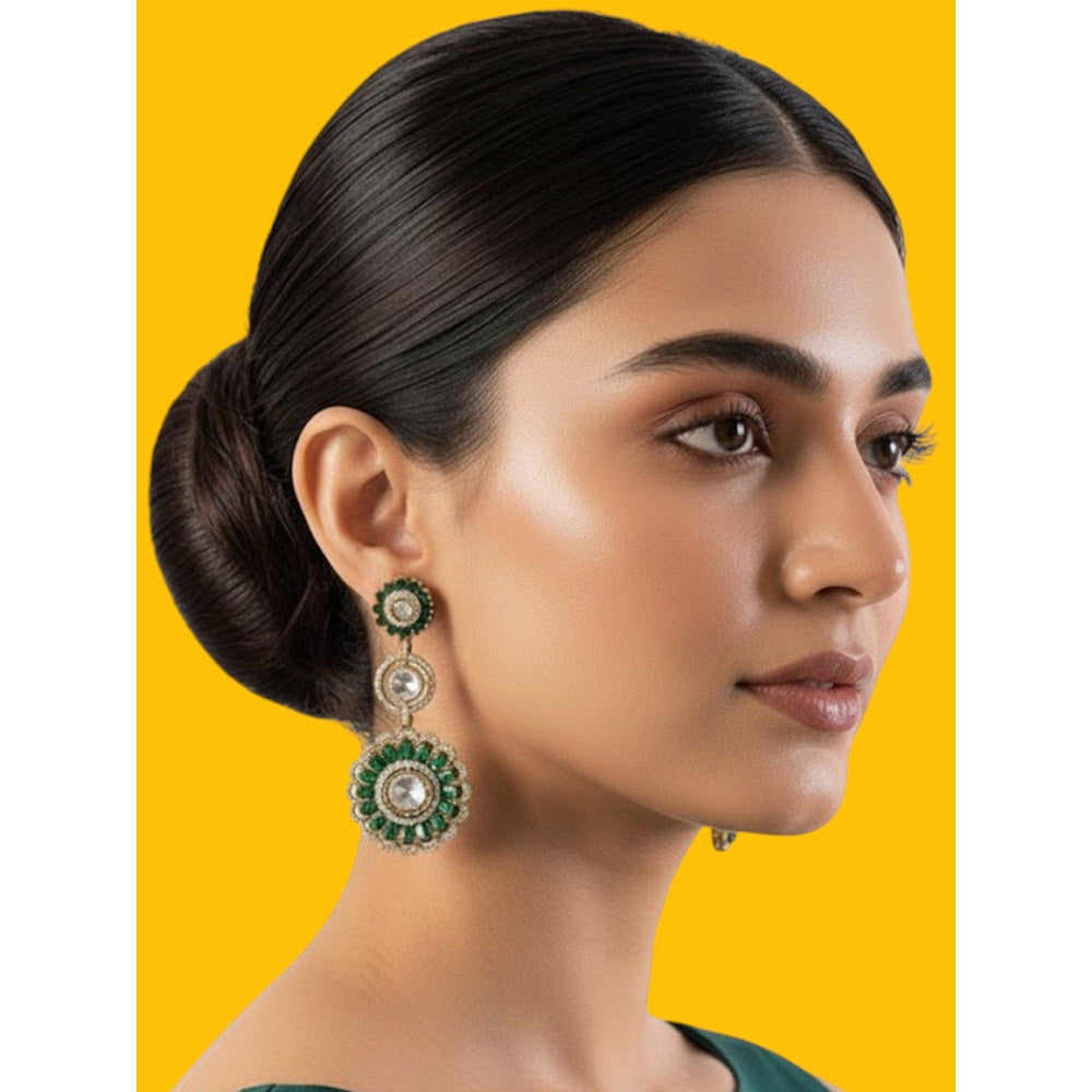 Auraa Trends Antique Gold-Plated Green Stone Floral Dangler Earrings