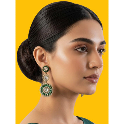 Auraa Trends Antique Gold-Plated Green Stone Floral Dangler Earrings