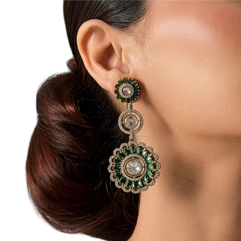 Auraa Trends Antique Gold-Plated Green Stone Floral Dangler Earrings