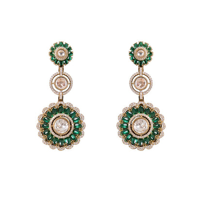 Auraa Trends Antique Gold-Plated Green Stone Floral Dangler Earrings