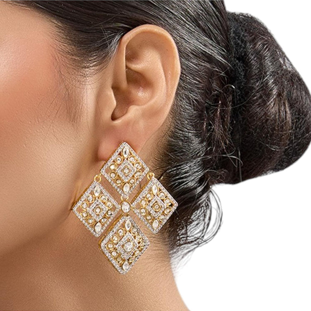 Auraa Trends Gold-Toned White Kundan Studded Square Drop Earrings