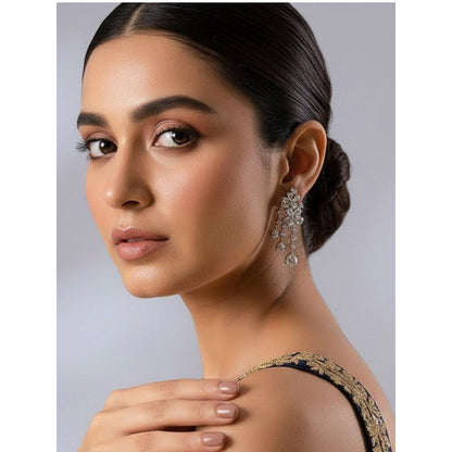 Auraa Trends Rhodium-Plated American Diamond Floral Drop Earrings