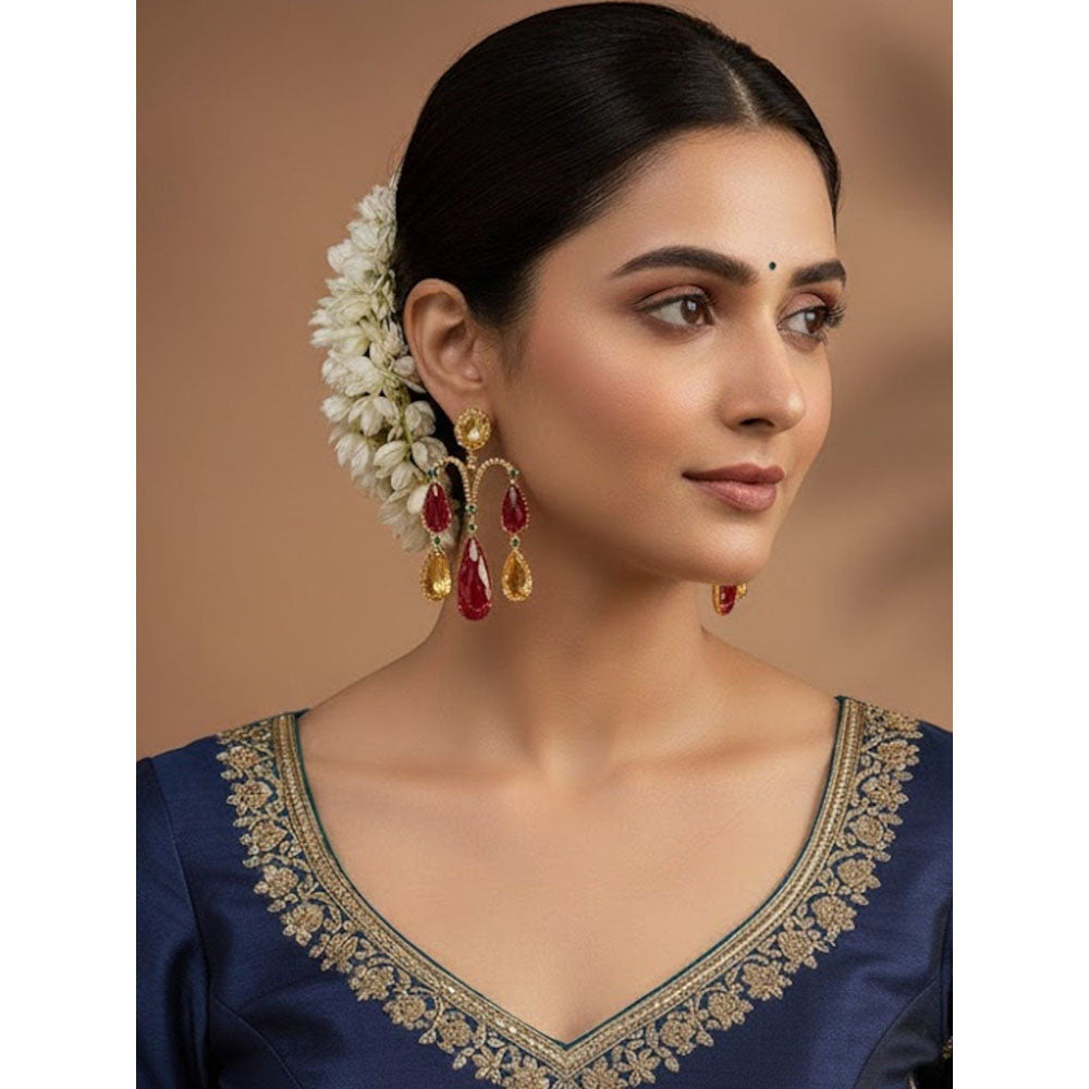Auraa Trends Gold-Plated Red and Yellow Stone Teardrop Earrings