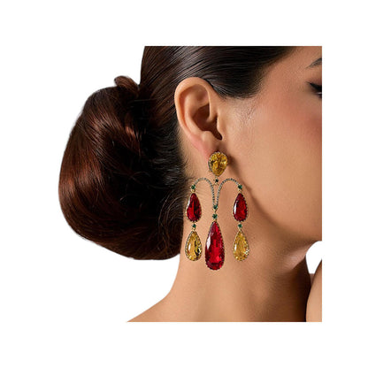 Auraa Trends Gold-Plated Red and Yellow Stone Teardrop Earrings