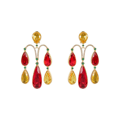 Auraa Trends Gold-Plated Red and Yellow Stone Teardrop Earrings