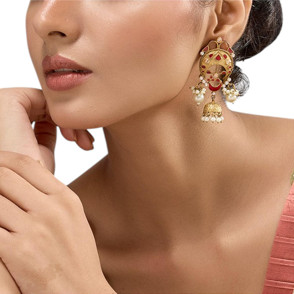 Auraa Trends Gold-Plated Red Enamel Pearl Jhumka Earrings