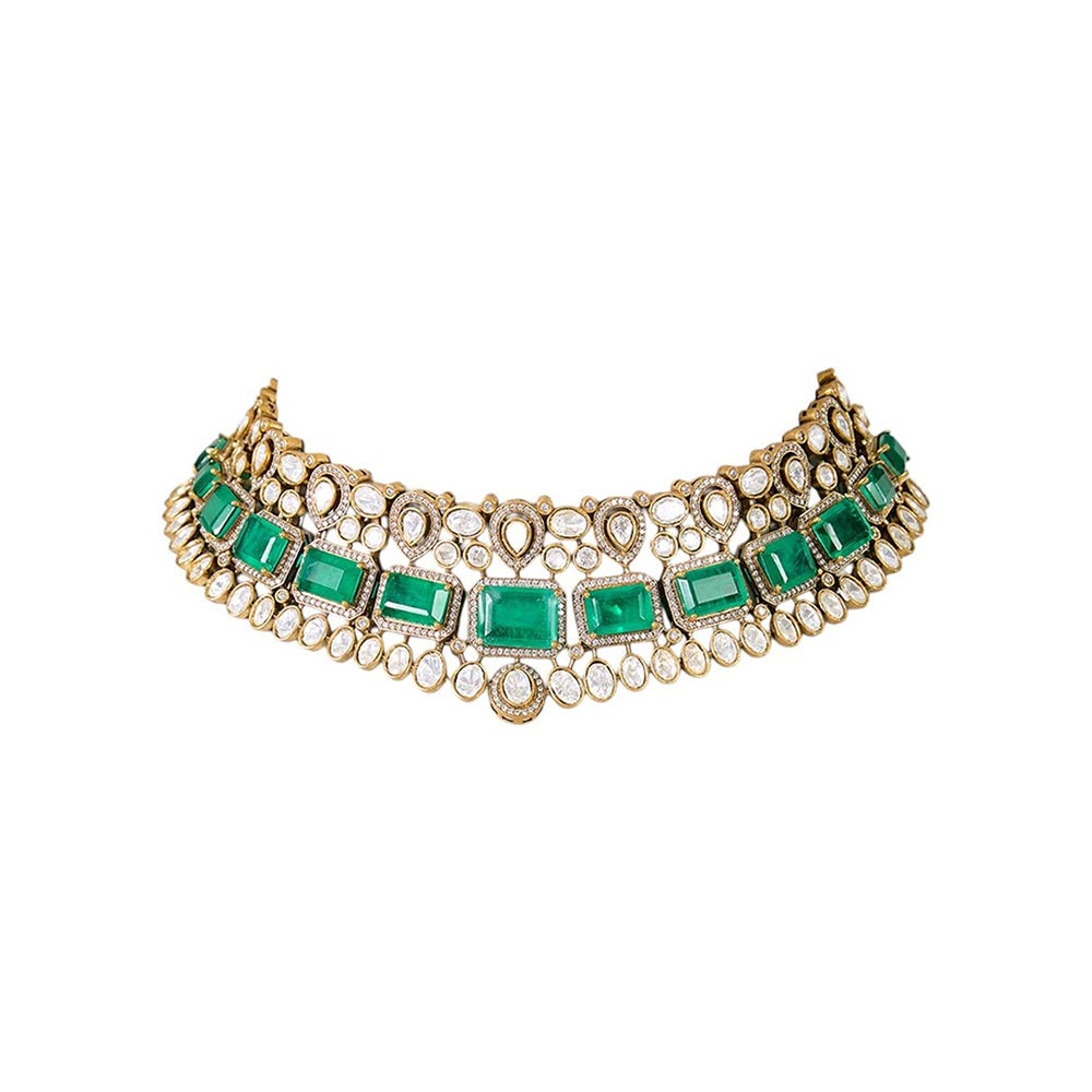 Auraa Trends Gold Finish Kundan Polka and Green Onyx Jewellery Set
