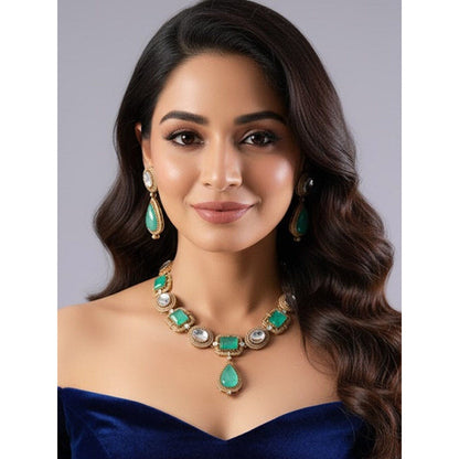 Auraa Trends Gold Finish Kundan Polka and Green Stone Jewellery Set