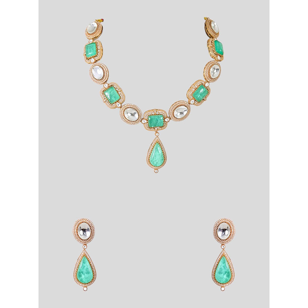 Auraa Trends Gold Finish Kundan Polka and Green Stone Jewellery Set