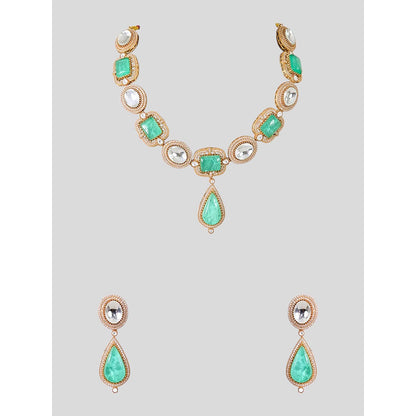 Auraa Trends Gold Finish Kundan Polka and Green Stone Jewellery Set