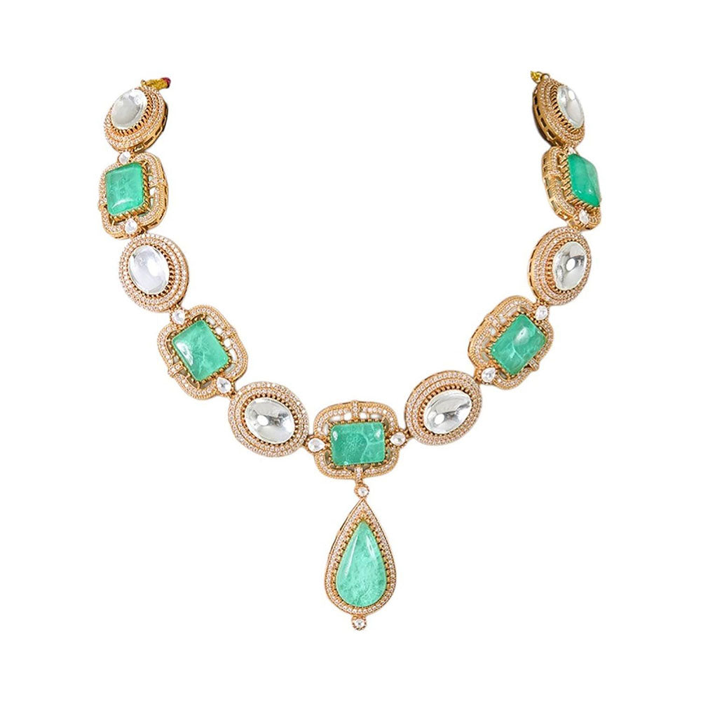Auraa Trends Gold Finish Kundan Polka and Green Stone Jewellery Set