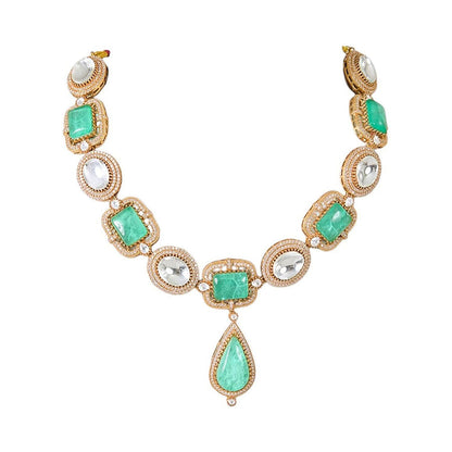 Auraa Trends Gold Finish Kundan Polka and Green Stone Jewellery Set
