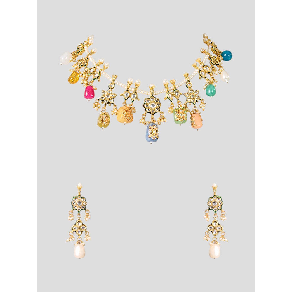 Auraa Trends Gold Finish Kundan Polka and Multi-Coloured Stone Jewellery Set