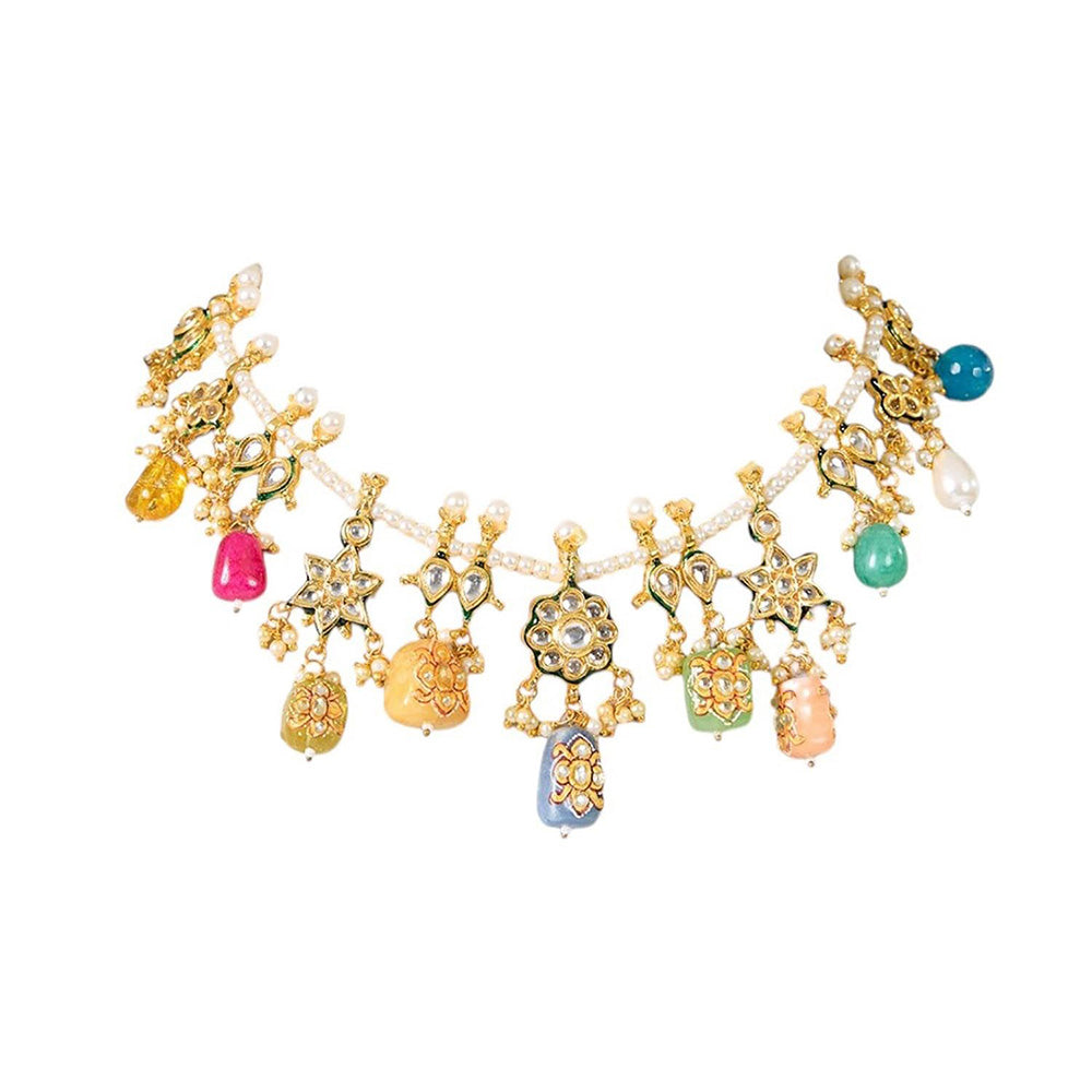 Auraa Trends Gold Finish Kundan Polka and Multi-Coloured Stone Jewellery Set