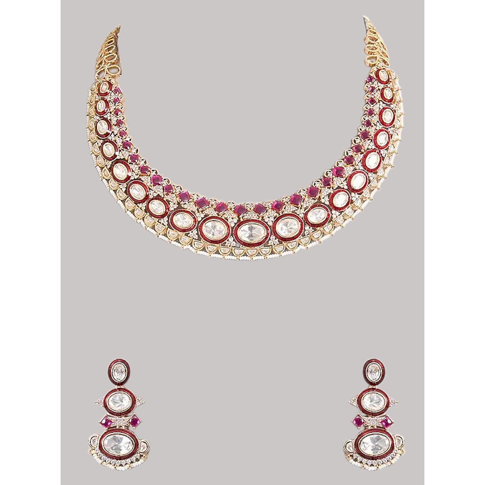 Auraa Trends Gold Finish Kundan Polka and Ruby Stone Choker Jewellery Set
