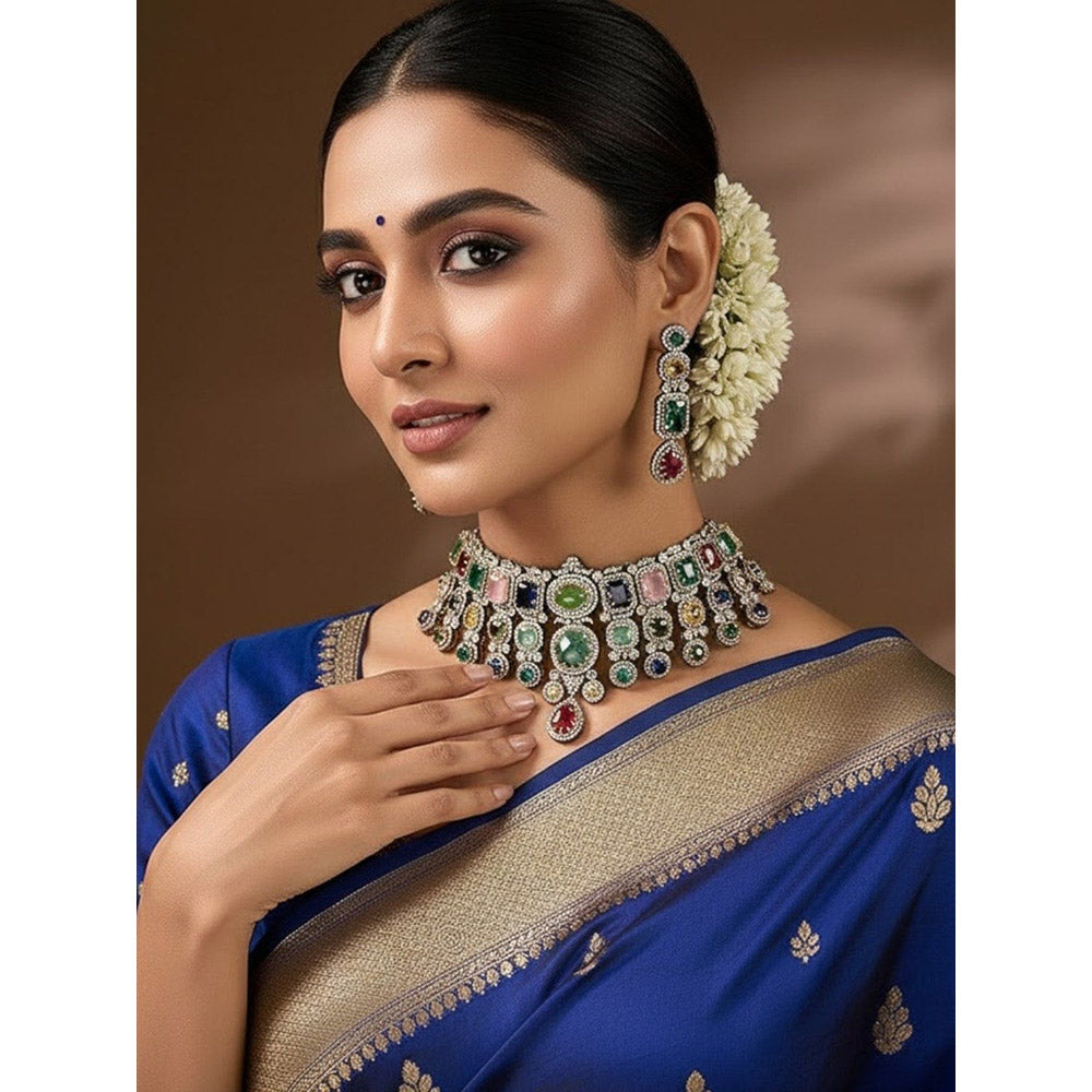 Auraa Trends Gold Finish Kundan Polka and Multi-Coloured Stone Choker Jewellery Set