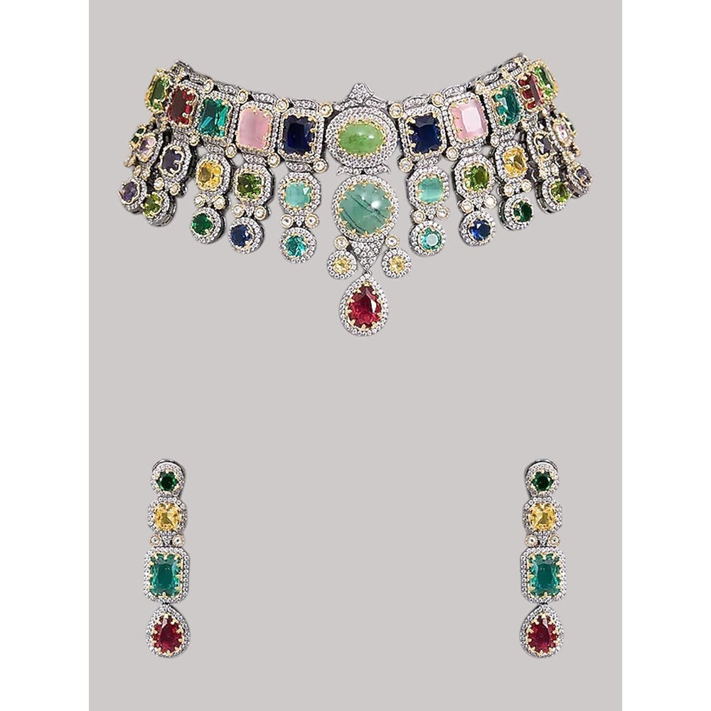 Auraa Trends Gold Finish Kundan Polka and Multi-Coloured Stone Choker Jewellery Set