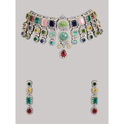 Auraa Trends Gold Finish Kundan Polka and Multi-Coloured Stone Choker Jewellery Set