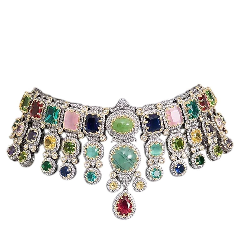 Auraa Trends Gold Finish Kundan Polka and Multi-Coloured Stone Choker Jewellery Set