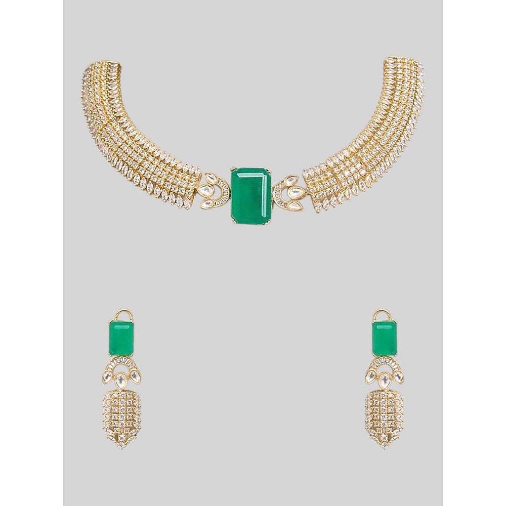 Auraa Trends Gold Finish Kundan Polka and Green Stone Choker Jewellery Set