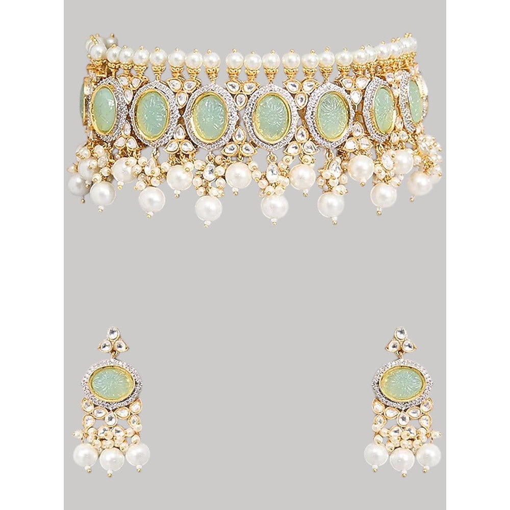 Auraa Trends Gold Finish Kundan Polka and Aqua Stone Choker Jewellery Set