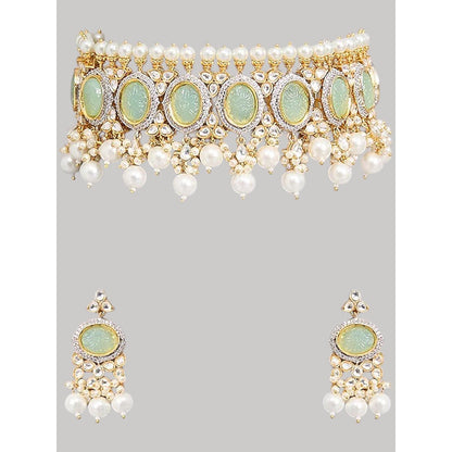 Auraa Trends Gold Finish Kundan Polka and Aqua Stone Choker Jewellery Set