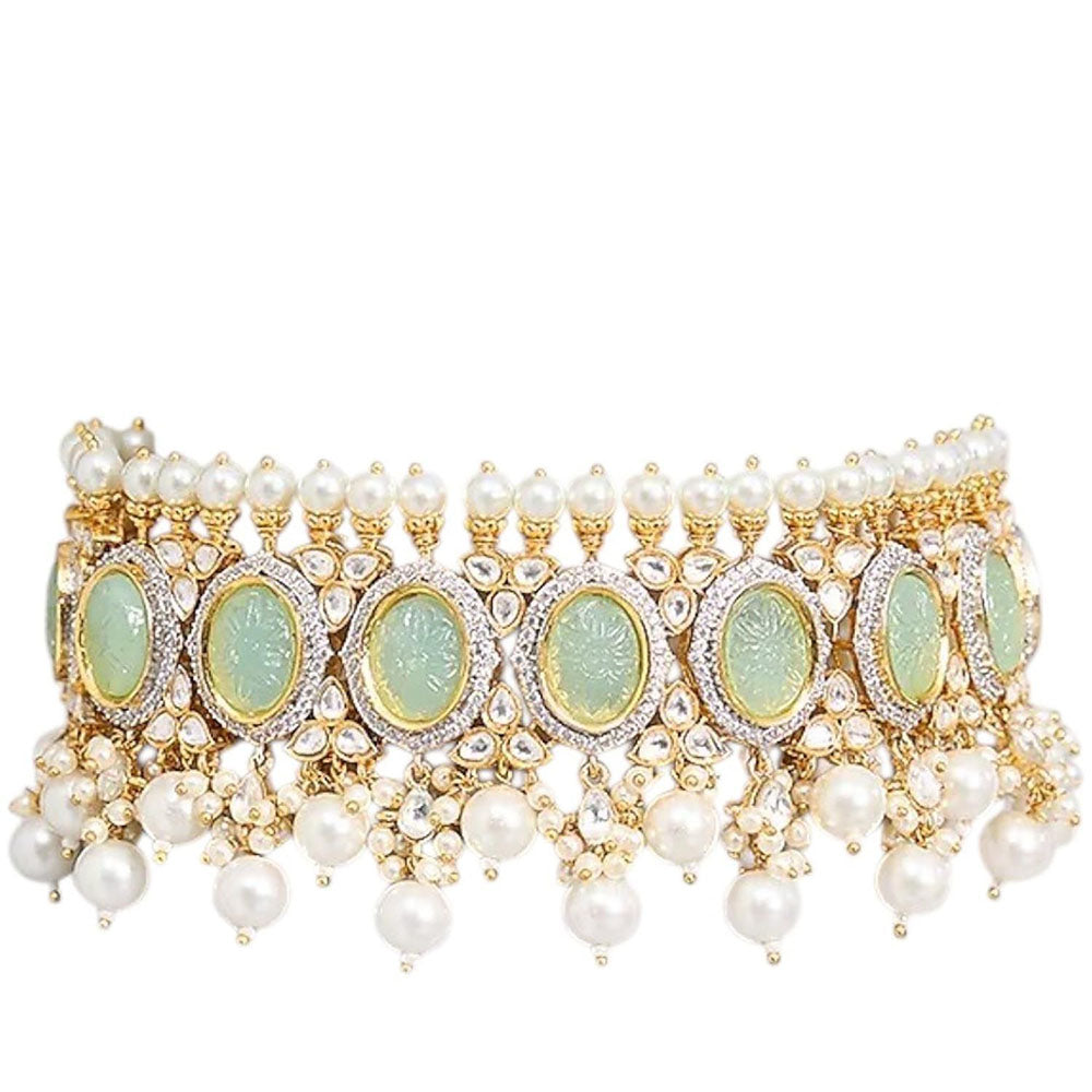 Auraa Trends Gold Finish Kundan Polka and Aqua Stone Choker Jewellery Set
