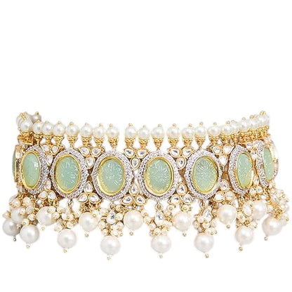 Auraa Trends Gold Finish Kundan Polka and Aqua Stone Choker Jewellery Set