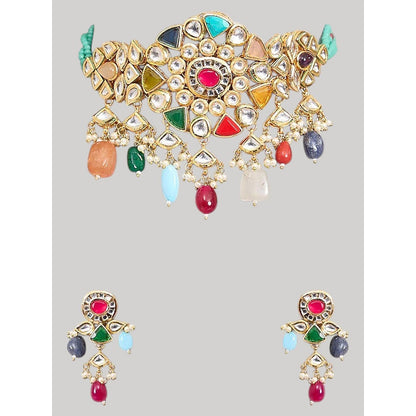 Auraa Trends Gold Finish Kundan Polka and Semi-Precious Stone Choker Jewellery Set