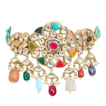 Auraa Trends Gold Finish Kundan Polka and Semi-Precious Stone Choker Jewellery Set