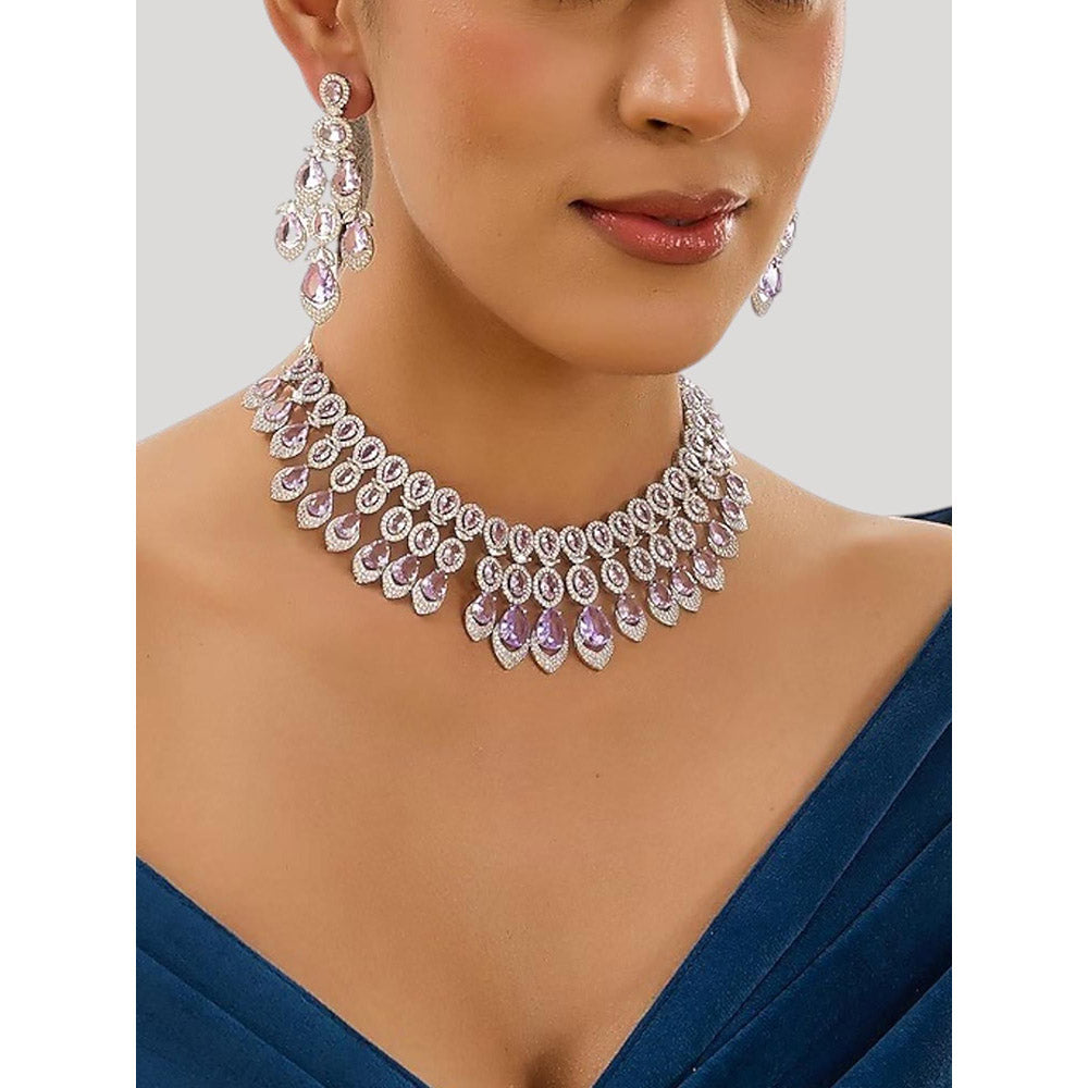 Auraa Trends White Finish Kundan Polka and Purple Stone Jewellery Set