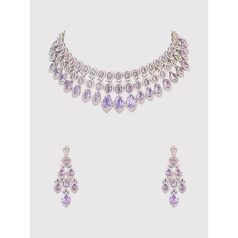 Auraa Trends White Finish Kundan Polka and Purple Stone Jewellery Set